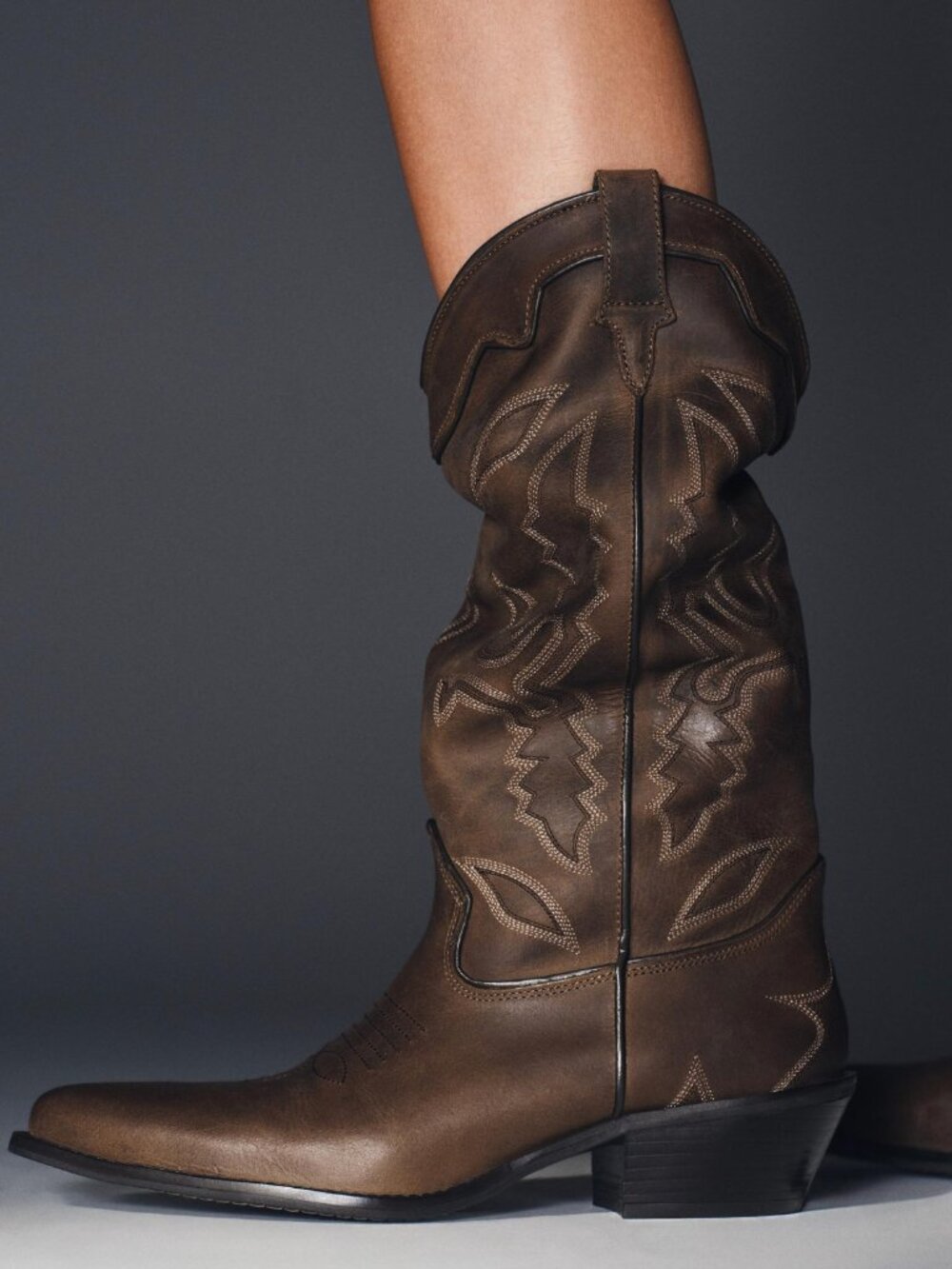 ZARA Tall Leather Cowboy Boots | Distressed Brown | Embroidered | NWT | Size